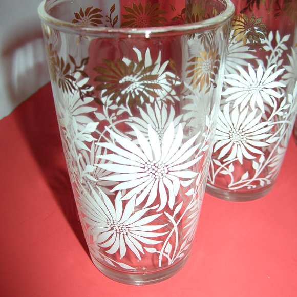 Vintage 7 White Flowers Gold Scroll 12 oz PEANUT BUTTER JELLY Glasses 5\